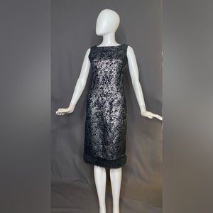 Black and silver sheath dress with black fur trim on hemline (34/28/37)